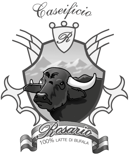 logo del Caseificio Rosario: bufala inscritta in uno scudo sormontato da una R maiuscola